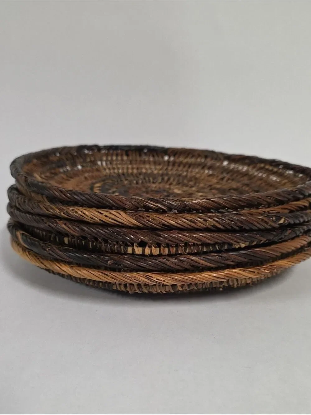 Boho Tiki Wicker Rattan Round Serving Plate Brown/Tan - Set Of (6) Picnic BBQ